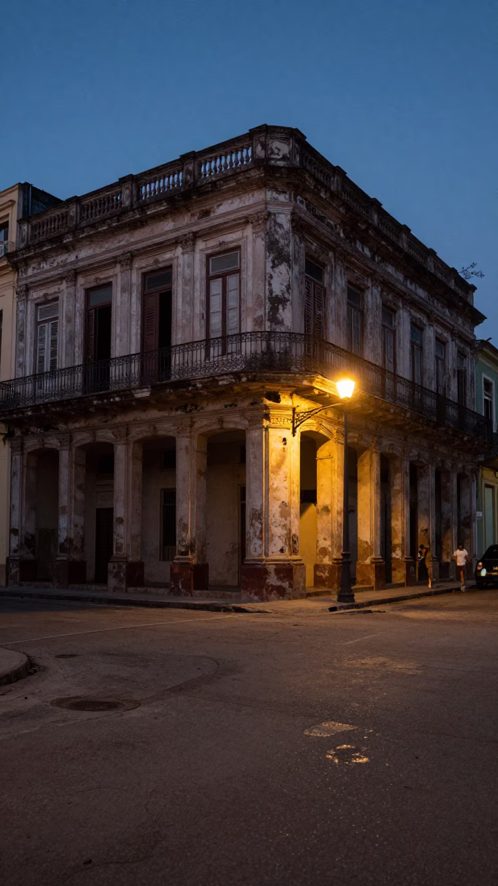 Havana Cuba Street Scene in Predawn Darkness with Faded Architecture and Streetlights in in Havana, Cuba