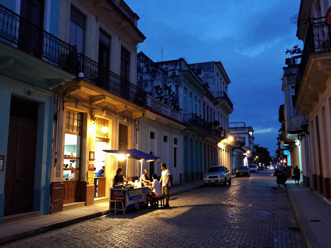 Havana Cuba Street Scene Indigo Twilight with Local Vendor and Vintage Car in in Havana, Cuba