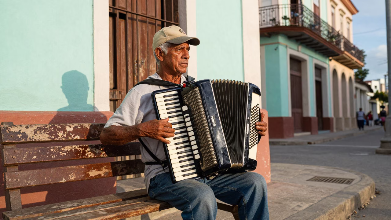 Havana Cuba Street Scene Late Afternoon Light Accordion Player and Local Life in in Havana, Cuba