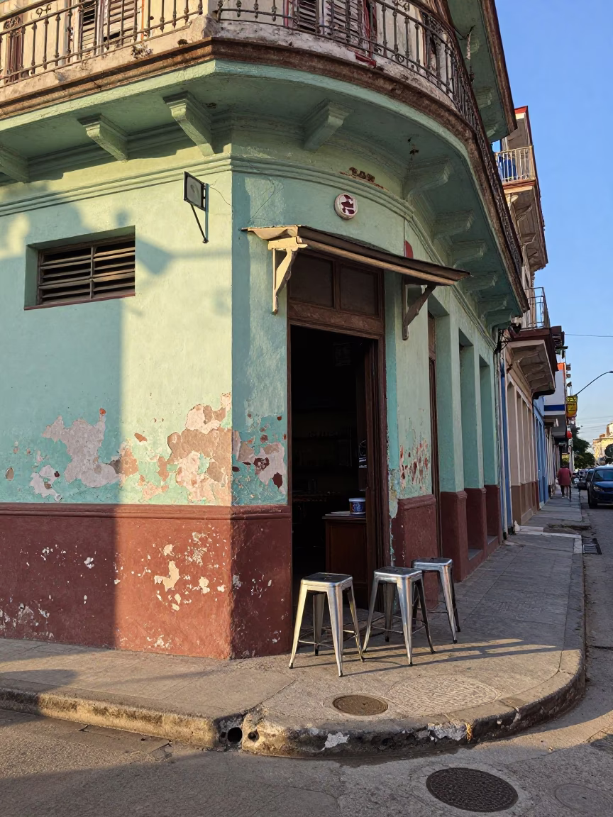 Havana Cuba Street Scene Late Afternoon Light Metal Stools and Local Life in in Havana, Cuba