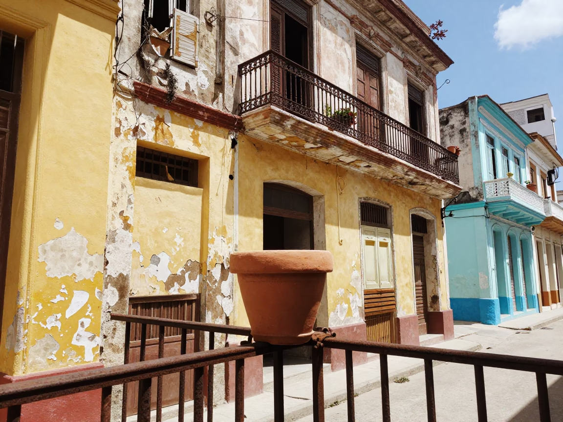 Havana Cuba Street Scene Noon Light Colorful Balcony Flowerpot and Urban Detail in in Havana, Cuba