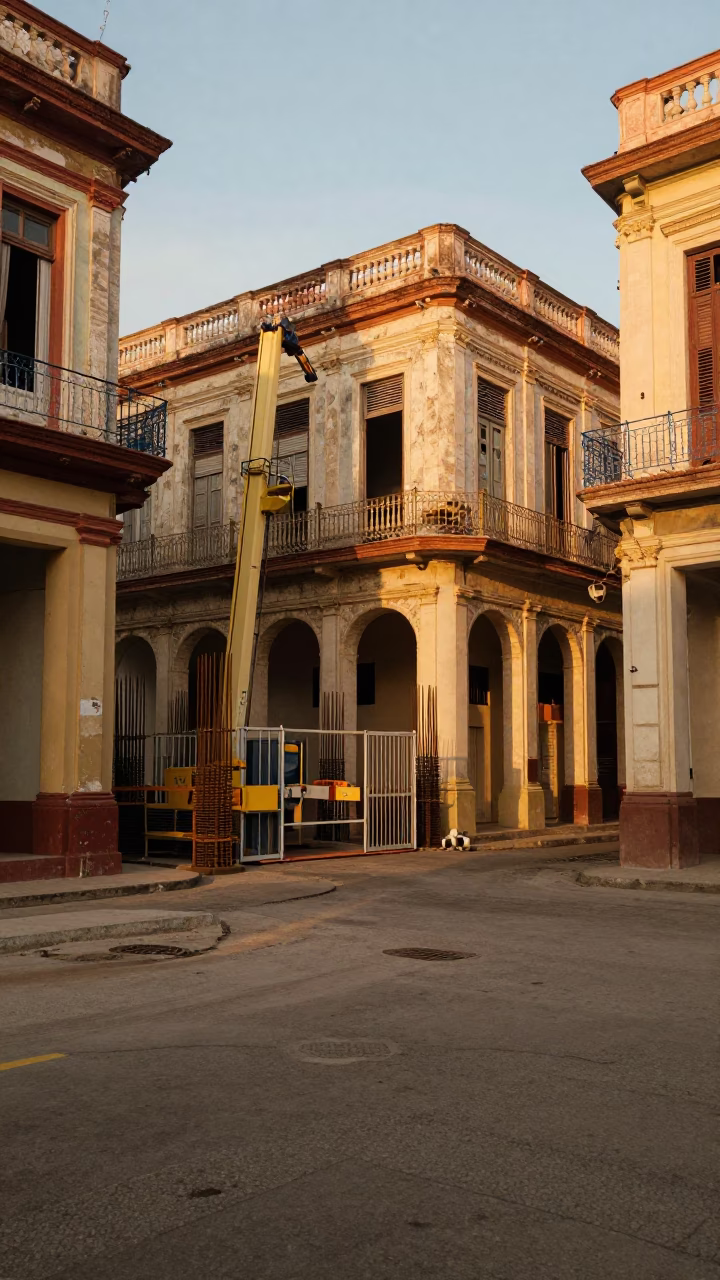 Havana Cuba Street Scene with Construction Elevator Gate and Rebar in Evening Light in in Havana, Cuba
