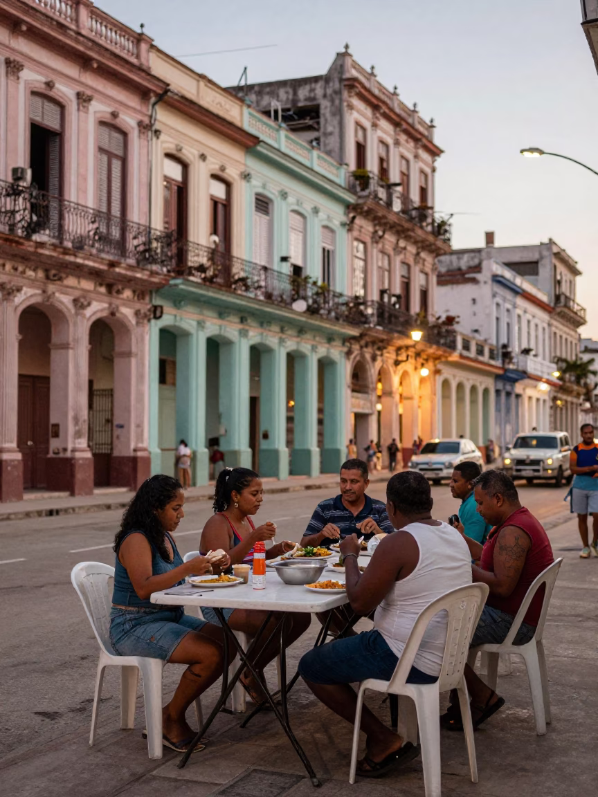 Havana Cuba street scene with folding tables and key bowl at twilight in in Havana, Cuba