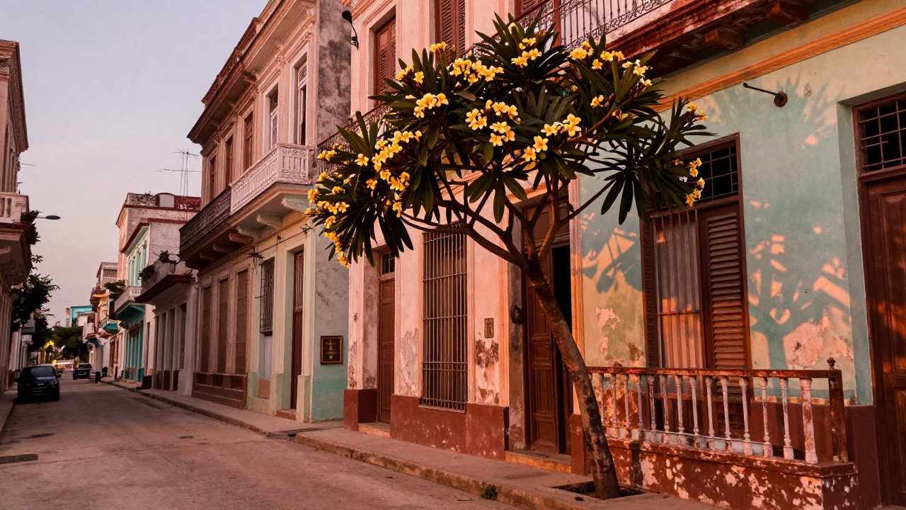 Havana Cuba Street Scene with Frangipani Tree in Copper Toned Light Before Dusk in in Havana, Cuba