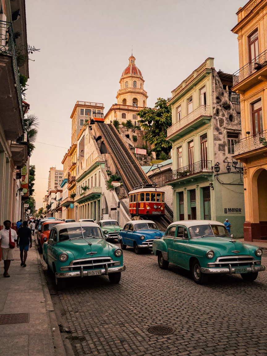 Havana Cuba Street Scene with Funicular and Vintage Cars in Evening Light in in Havana, Cuba