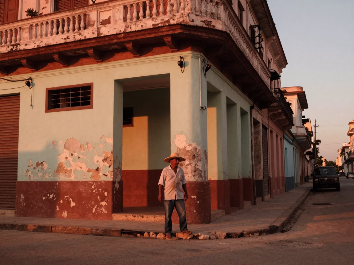 Havana Cuba Street Scene with Straw Hat in Copper Dusk Light in in Havana, Cuba