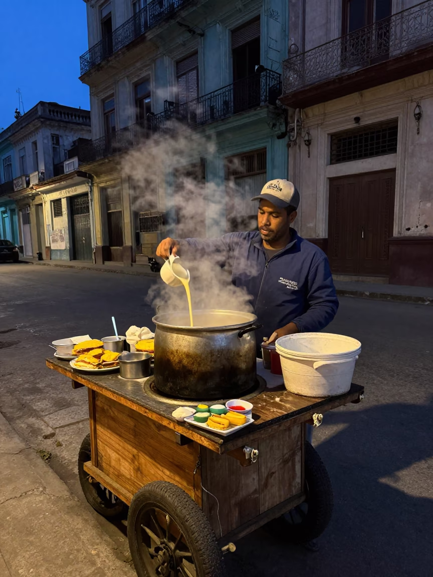 Havana Cuba street vendor selling warm taho breakfast in predawn darkness in in Havana, Cuba