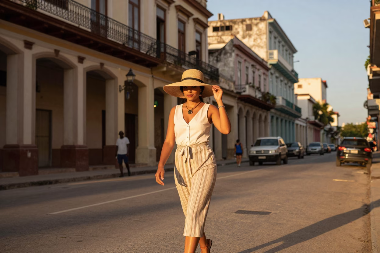 Havana Cuba Sunset Street Fashion Straw Hat Woman Walking Colonial Architecture in in Havana, Cuba