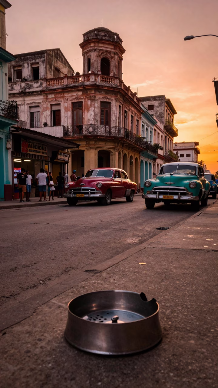 Havana Cuba Sunset Street Scene with Ashtray and Vintage Cars in in Havana, Cuba