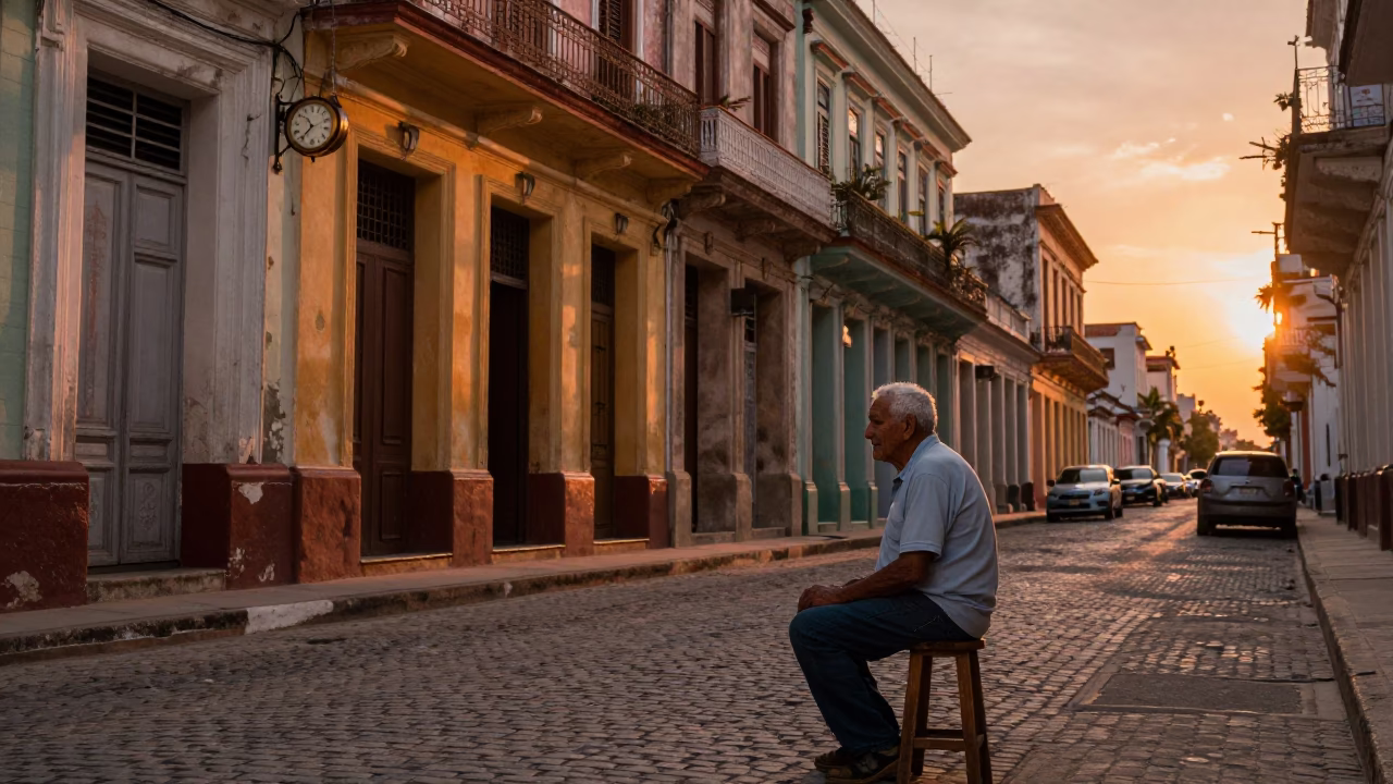 Havana Cuba Sunset Street Scene with Chess Clock and Historic Architecture in in Havana, Cuba