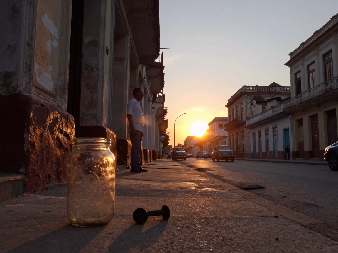 Havana Cuba Sunset Street Scene with Glass Jar and Turnbuckle in in Havana, Cuba