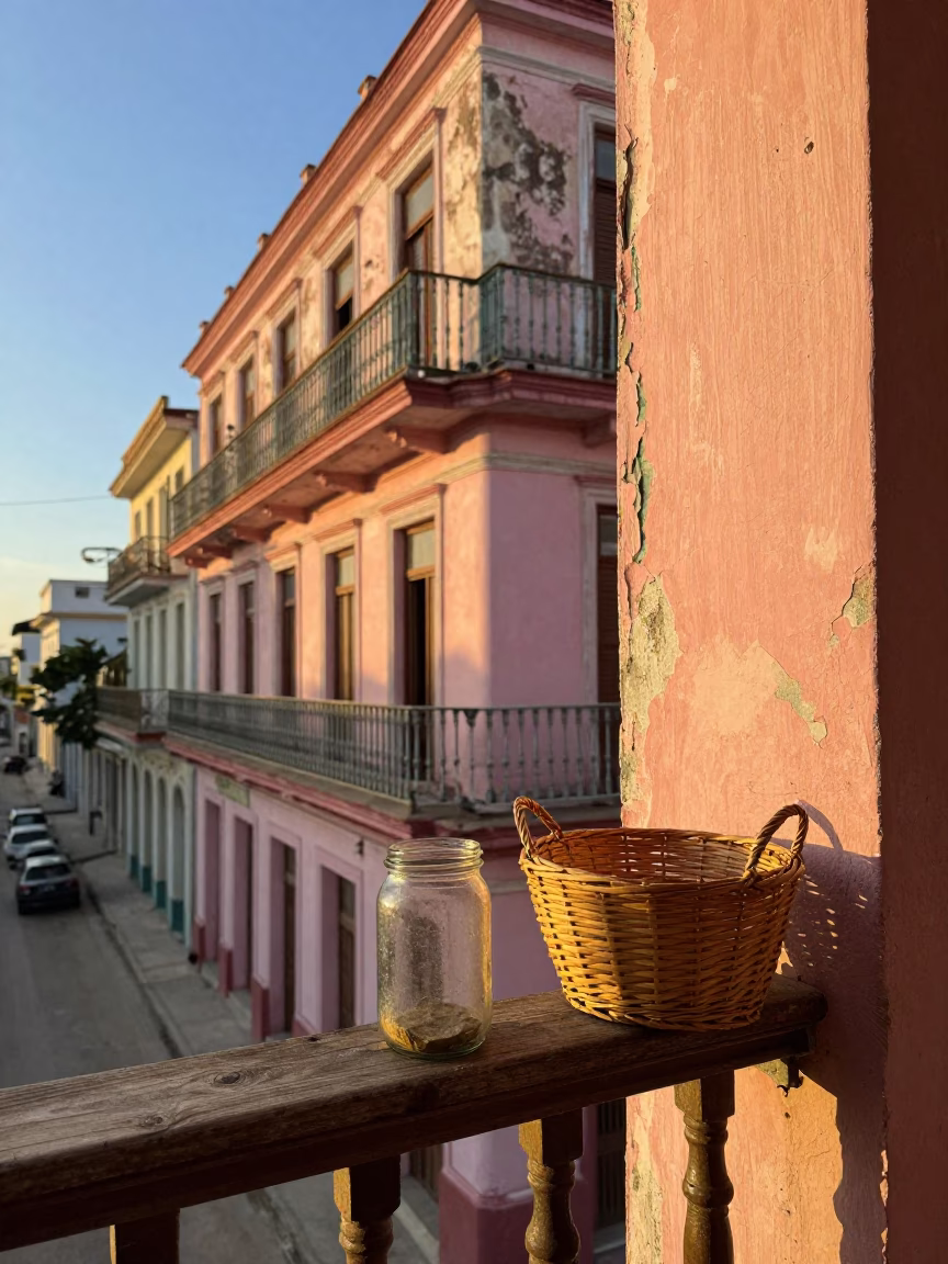 Havana Cuba Sunset Street Scene with Jam Jar and Wicker Basket on Balcony in in Havana, Cuba