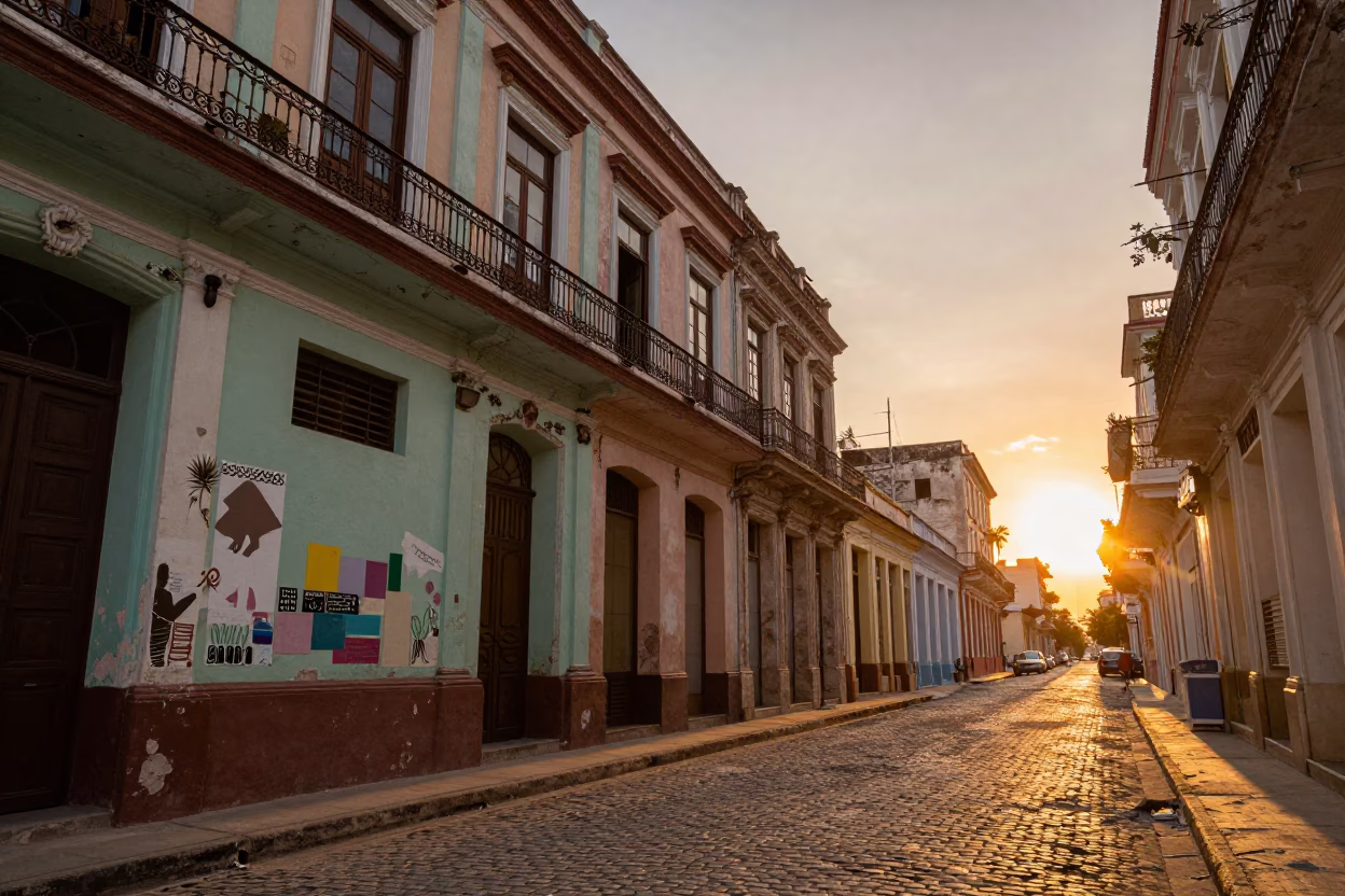 Havana Cuba Sunset Street Scene with Muralist Swatches and Sun Hat on Balcony in in Havana, Cuba