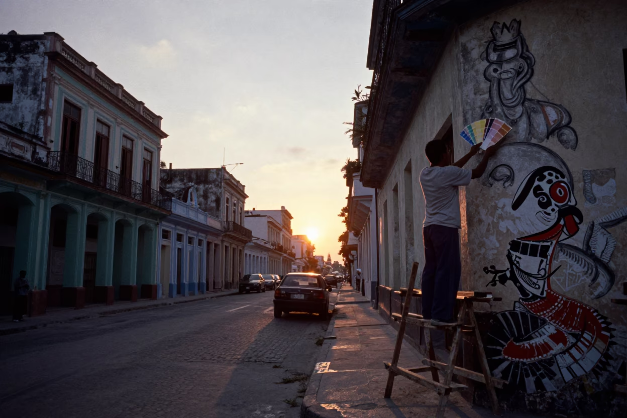 Havana Cuba Sunset Street Scene with Paint Swatches and Local Life in in Havana, Cuba