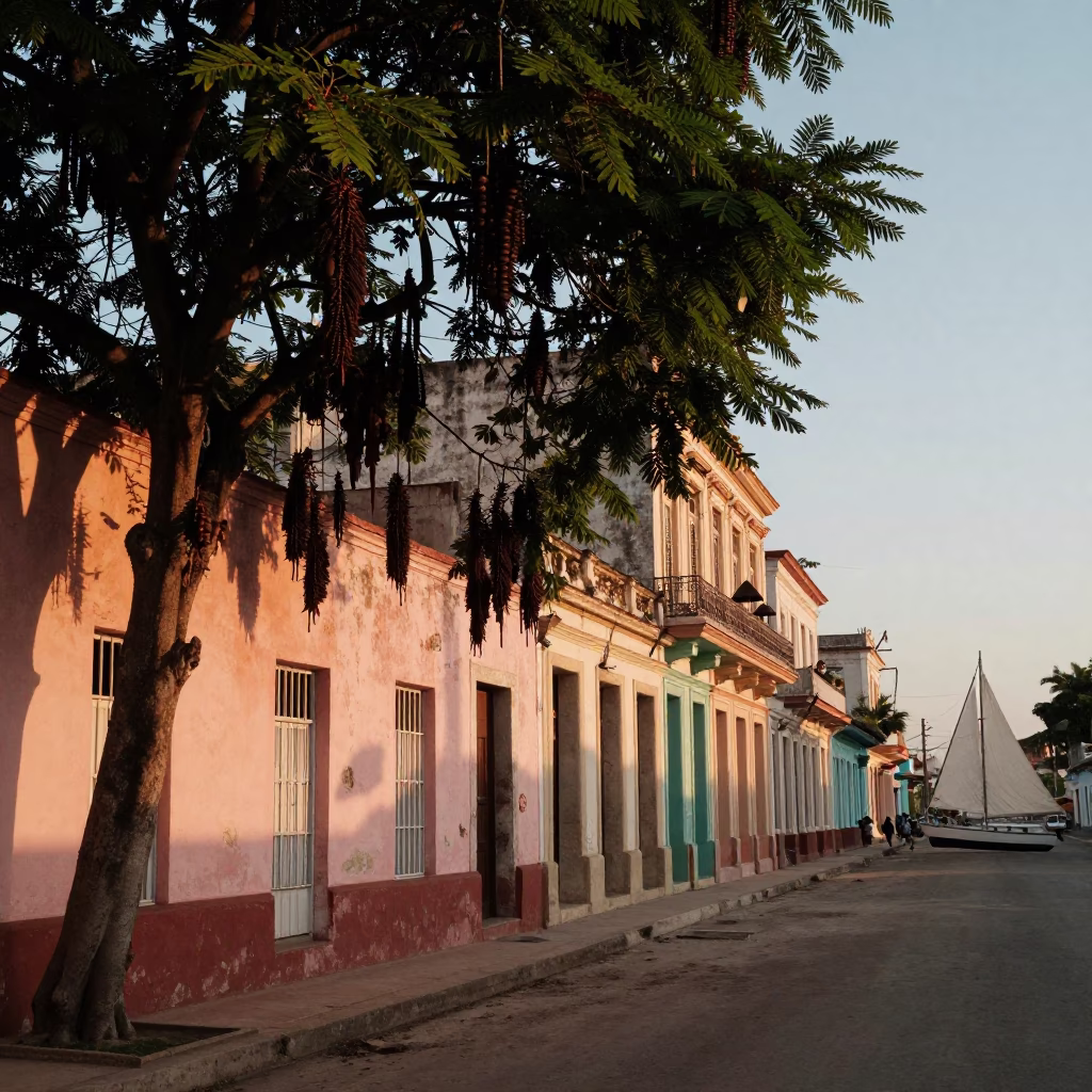 Havana Cuba Sunset Street Scene with Tamarind Tree and Sailboat on Bay in in Havana, Cuba