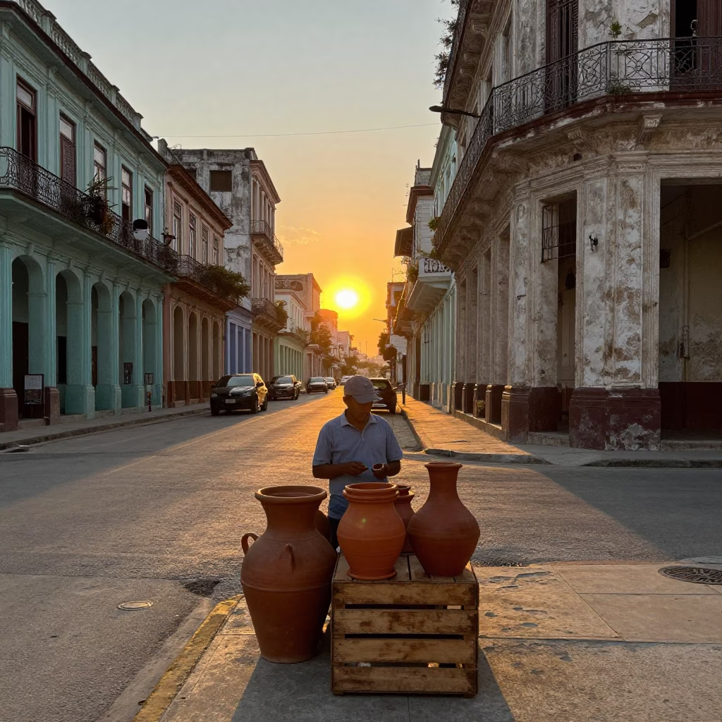 Havana Cuba Sunset Street Scene with Terracotta Pots and Coffee Mugs at Dusk in in Havana, Cuba