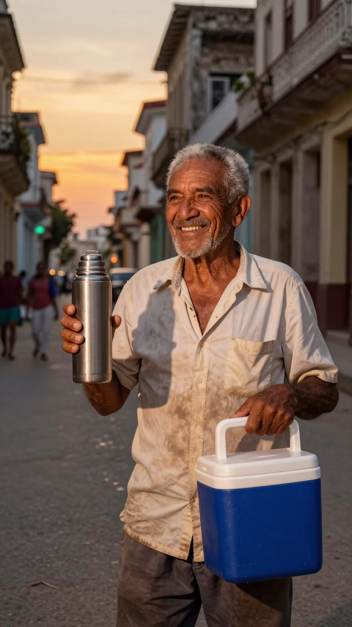 Havana Cuba Sunset Street Scene with Thermos and Cooler Jug in in Havana, Cuba