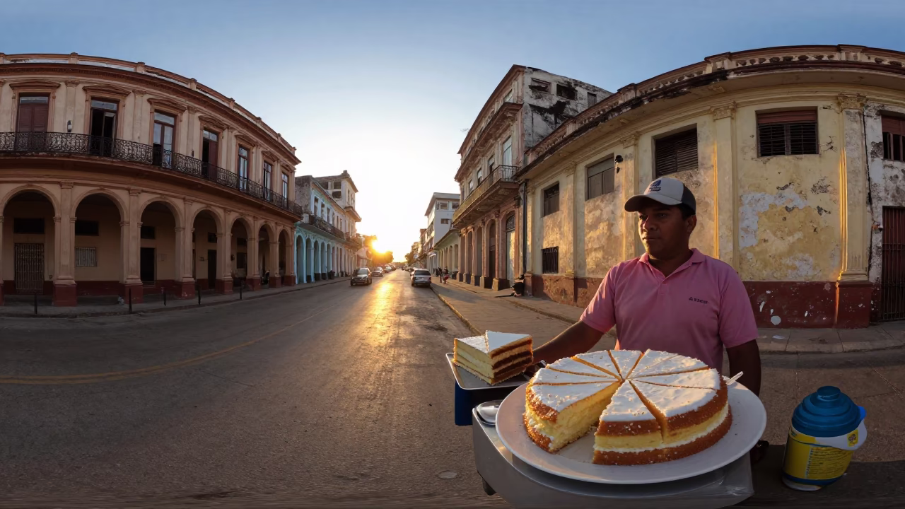 Havana Cuba Sunset Street Scene with Tres Leches Cake and Dogwood Tree in in Havana, Cuba
