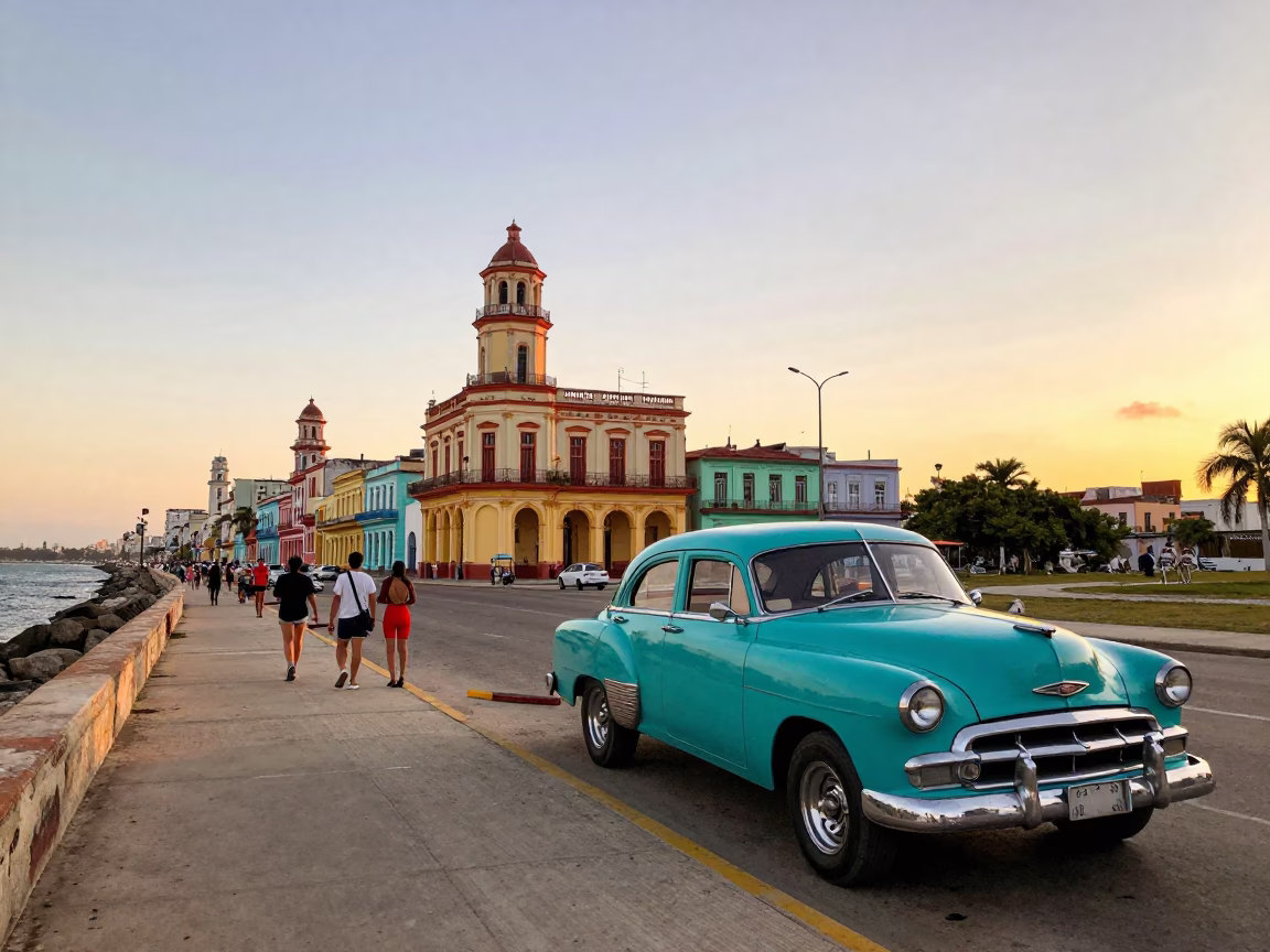 Havana Cuba Sunset Street Scene with Vintage Car and Colorful Architecture in in Havana, Cuba