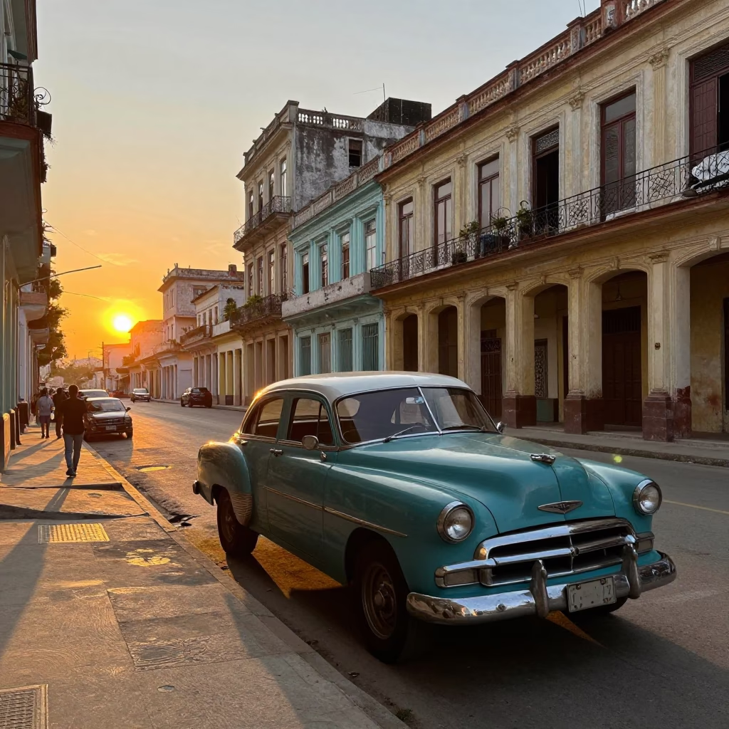 Havana Cuba Sunset Street Scene with Vintage Car and Local Architecture in in Havana, Cuba