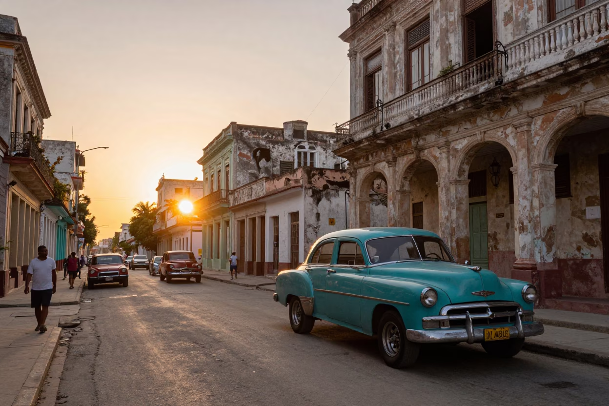 Havana Cuba Sunset Street Scene with Vintage Car and Local Life in in Havana, Cuba