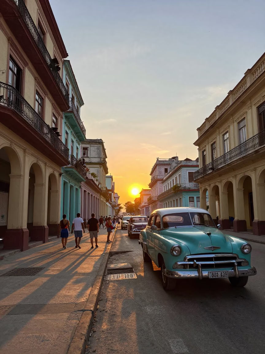 Havana Cuba Sunset Street Scene with Vintage Cars and Colorful Colonial Architecture in in Havana, Cuba
