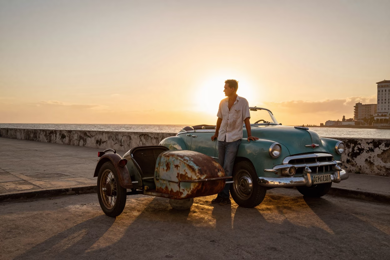 Havana Cuba Sunset Street Scene with Vintage Motorcycle and Sidecar on Malecon in in Havana, Cuba