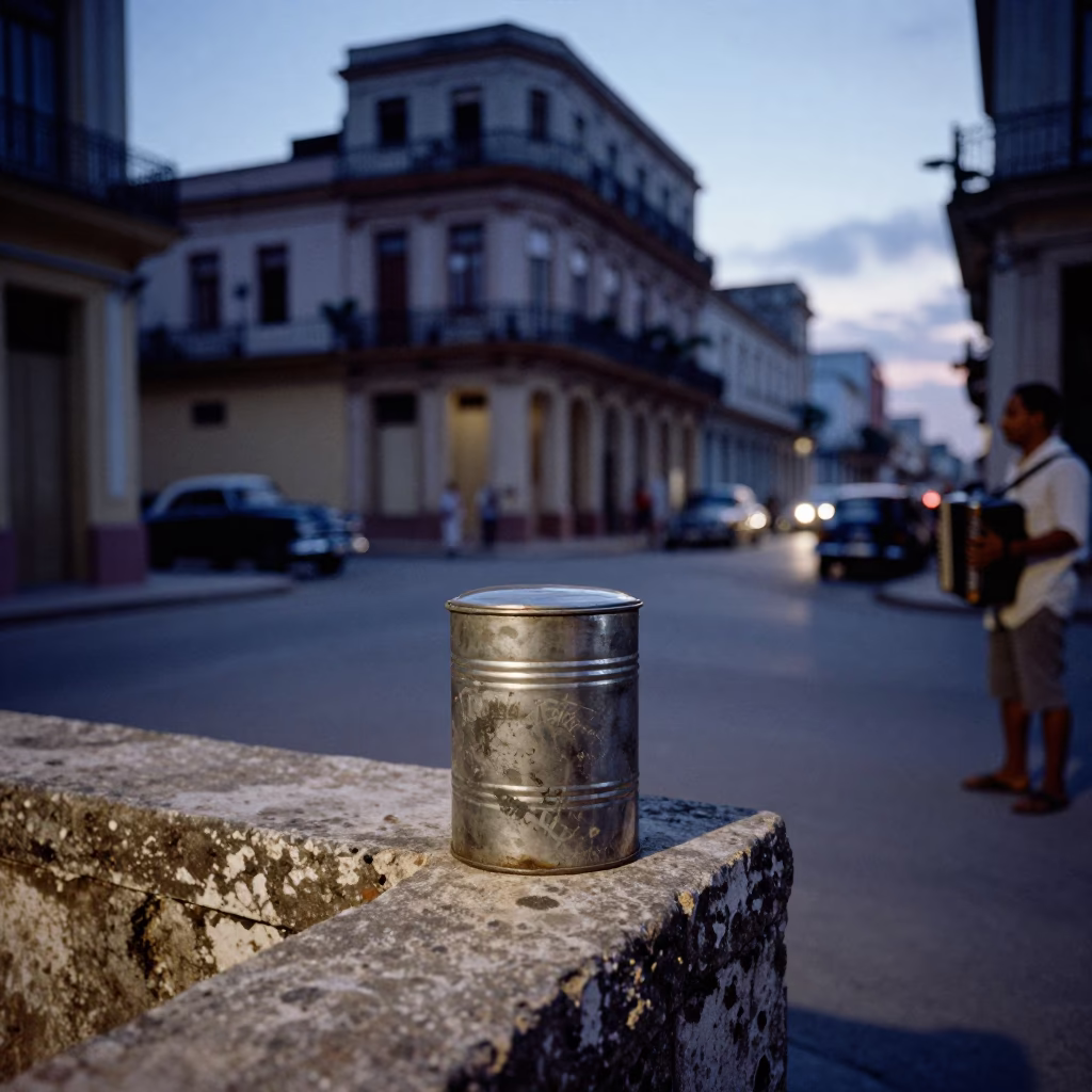 Havana Cuba Twilight Street Scene with Accordion and Coffee Tin in in Havana, Cuba