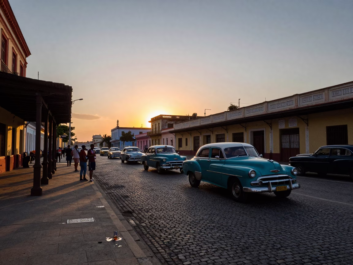 Havana Cuba Twilight Street Scene with Classic Cars and Mango Tree in in Havana, Cuba