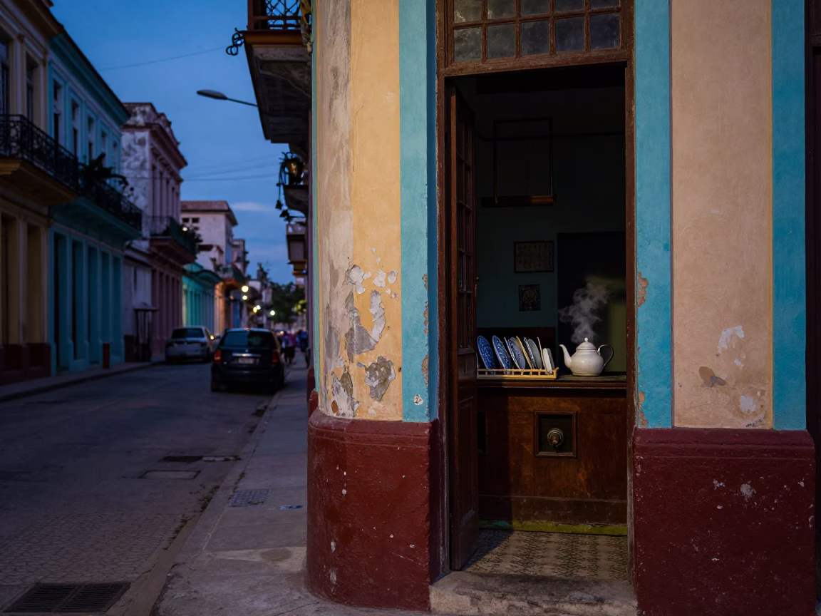 Havana Cuba Twilight Street Scene with Colorful Doorframe and Urban Life in in Havana, Cuba