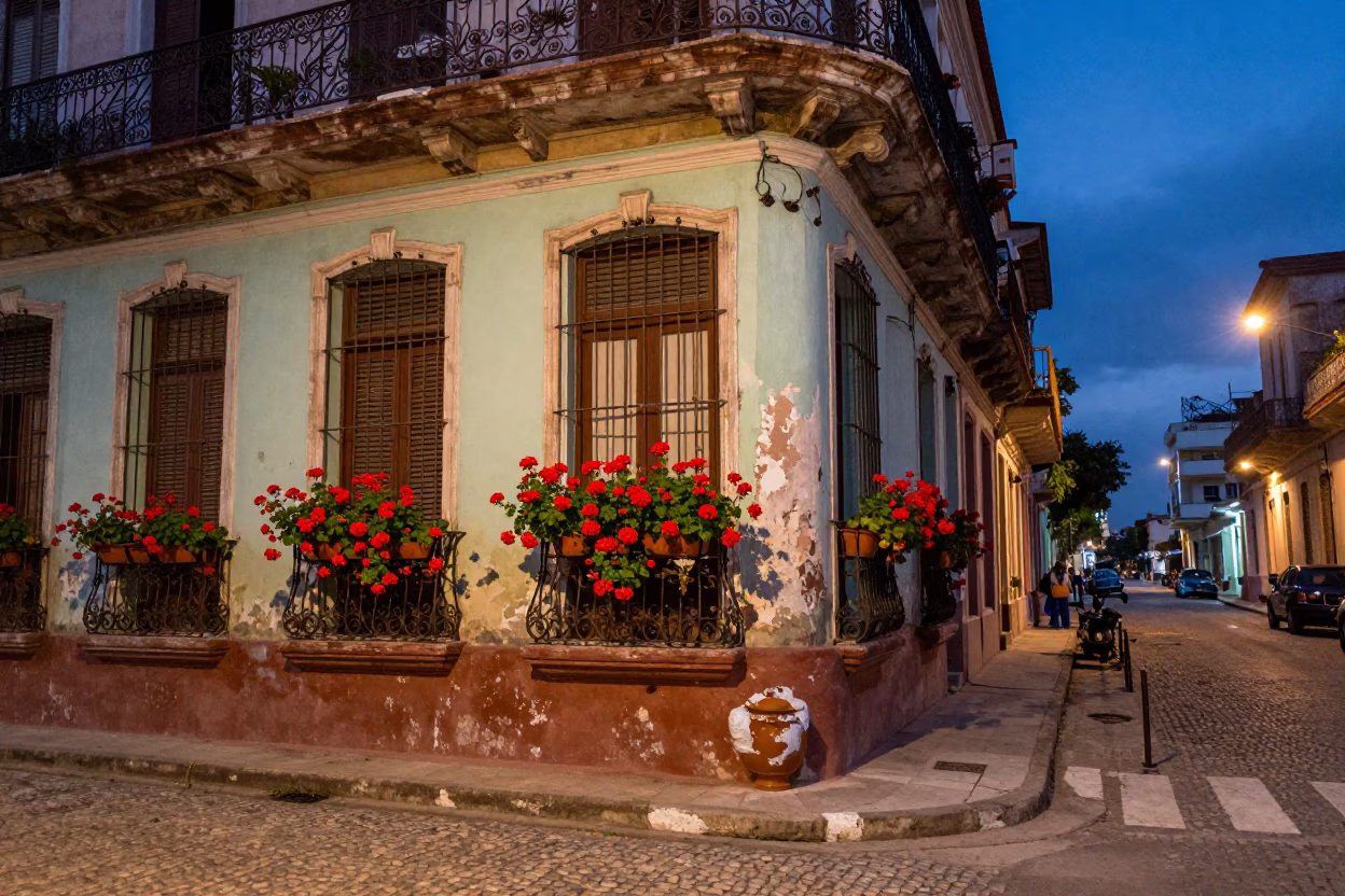 Havana Cuba Twilight Street Scene with Geraniums and Jam Jar on Balcony in in Havana, Cuba