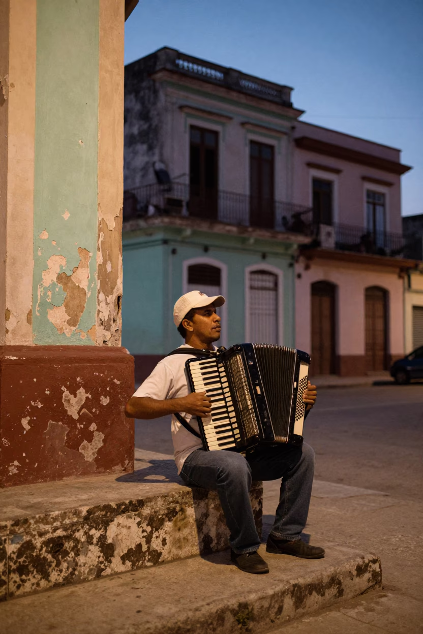 Havana Cuba twilight street scene with musician playing accordion near weathered colonial architecture in in Havana, Cuba