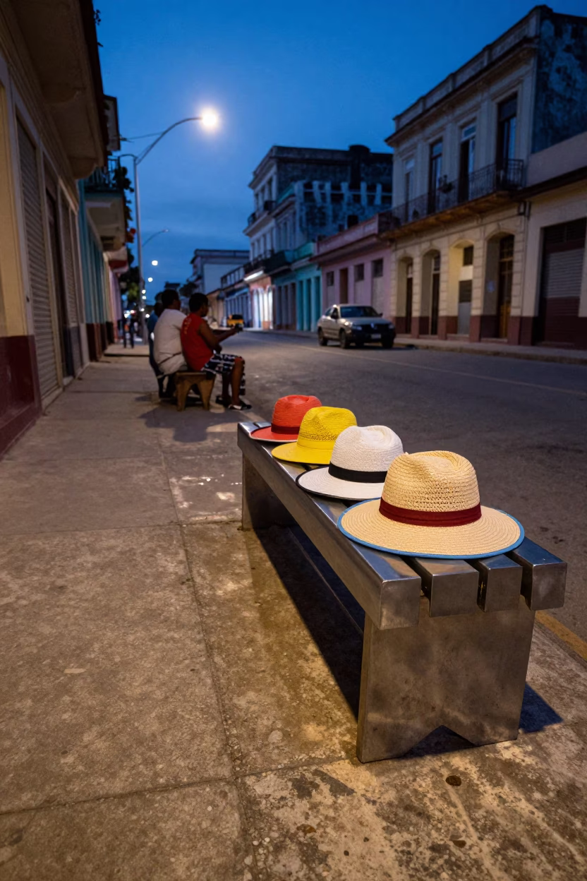 Havana Cuba Twilight Street Scene with Sun Hats and Brushed Steel Bench in in Havana, Cuba