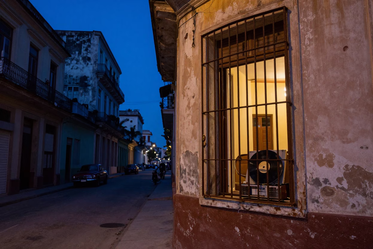 Havana Cuba Twilight Street Scene with Vintage Record Player and Steamy Window Glass in in Havana, Cuba