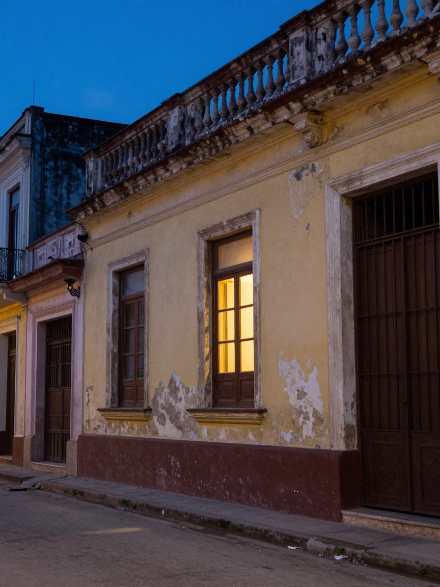 Havana Cuba Twilight Street Scene with Window Light and Gate Handle Details in in Havana, Cuba