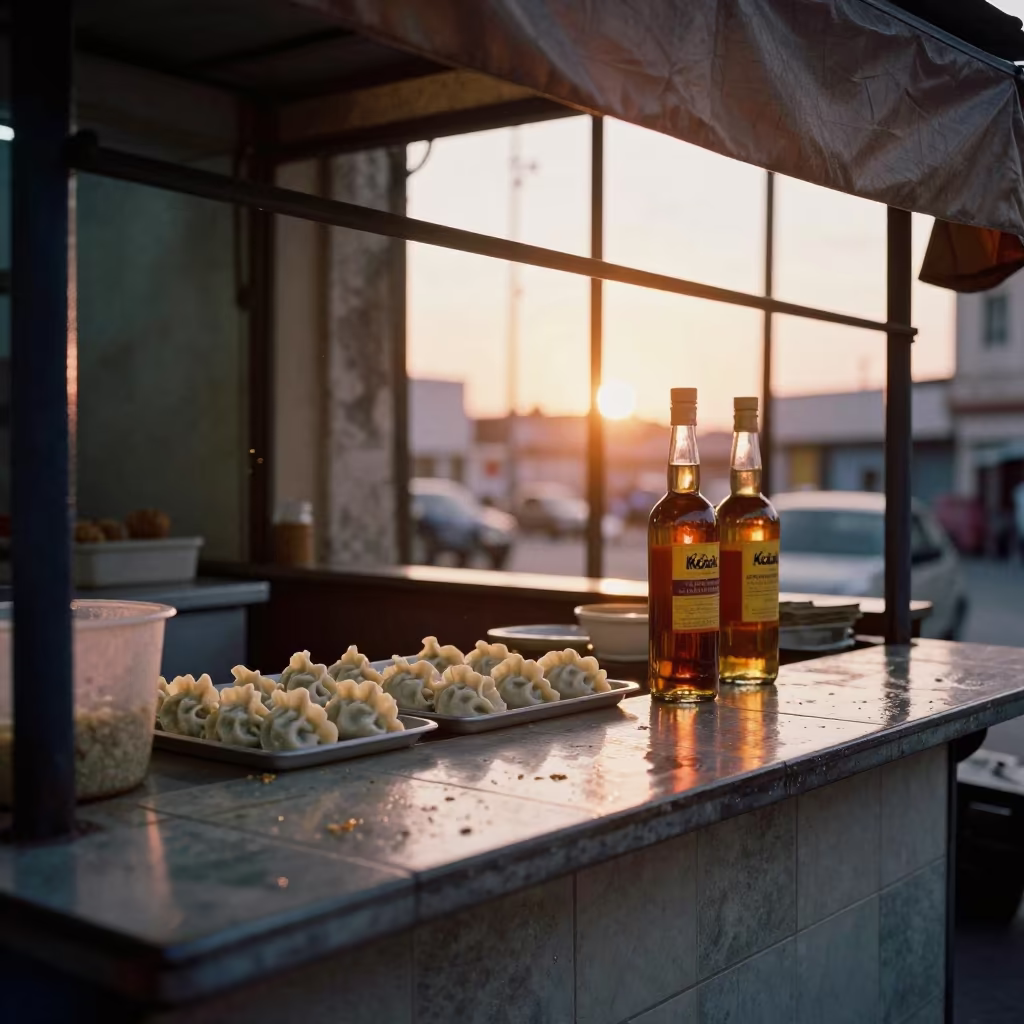 Havana Dumplings and Amber Wine on Market Tile in at a market stall counter in Havana