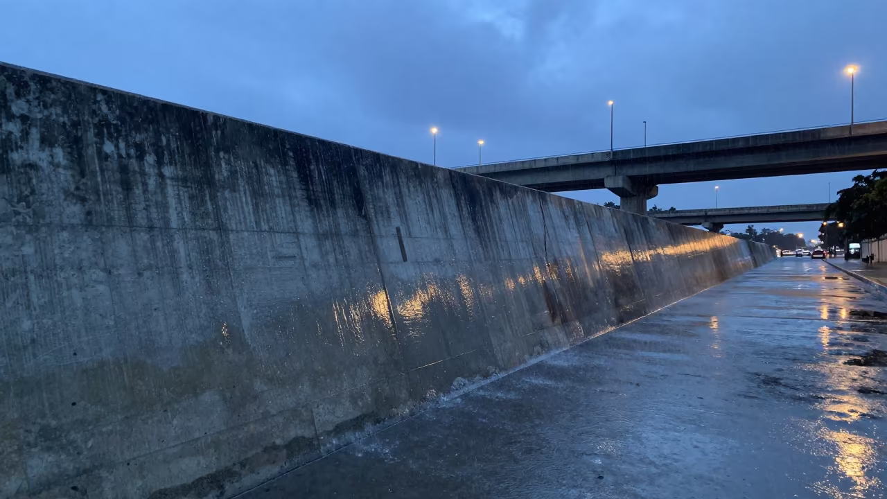 Havana Flood Barrier Wall Twilight in across a windy overpass interchange in Havana