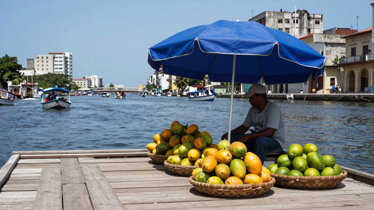 Havana Fruit Seller on Floating Market Boat in at a floating market boat in Vedado, Havana