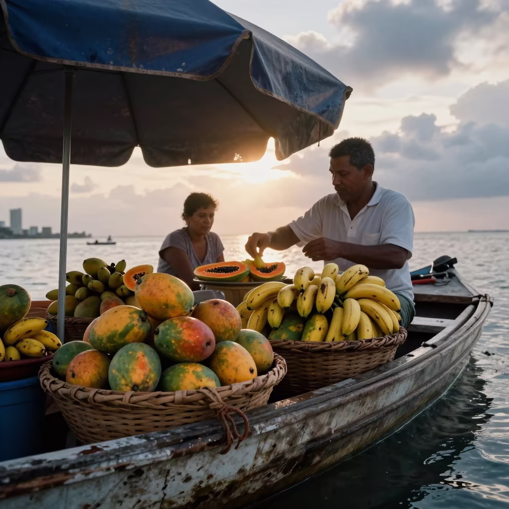 Havana Fruit Seller Morning Market Boat in at a floating market boat in Havana