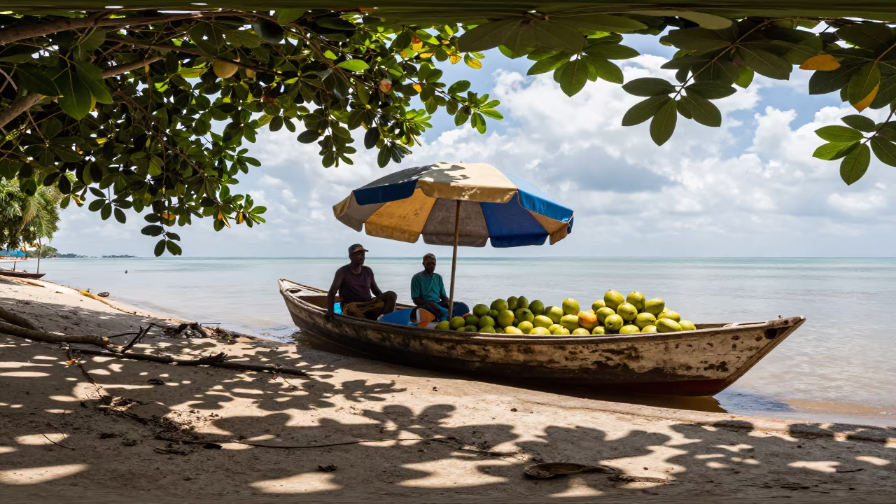 Havana Fruit Seller Under Umbrella on Boat in at a floating market boat in Havana