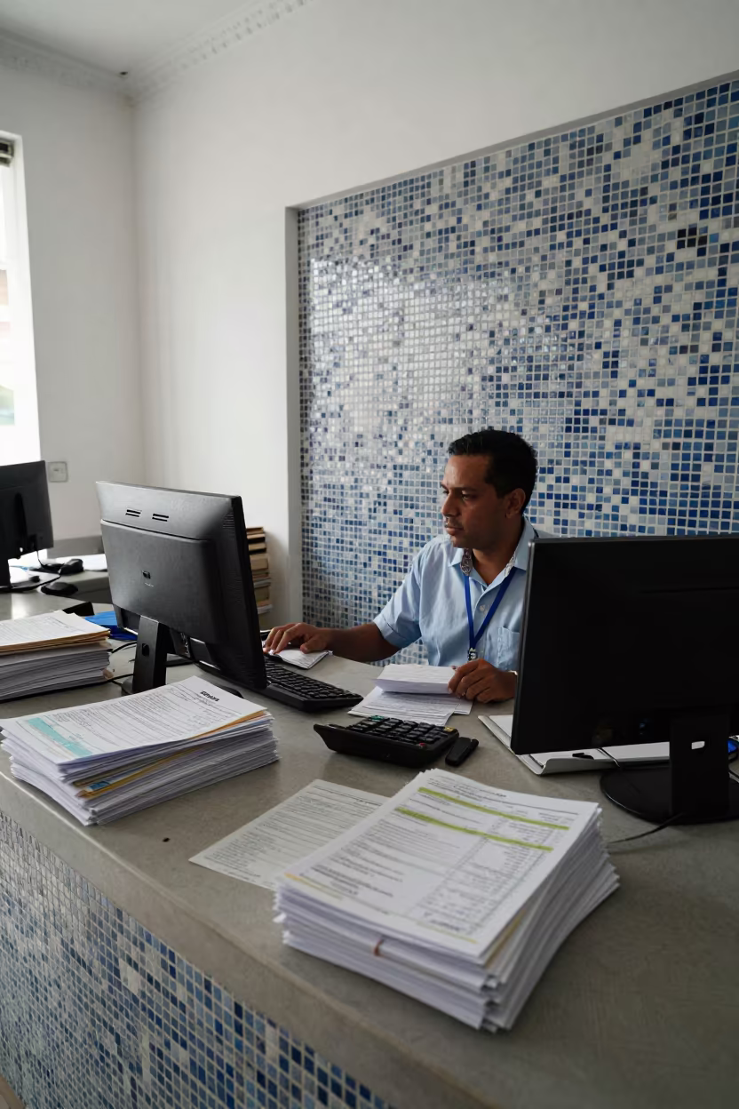 Havana Fusterlandia Reception Desk Morning Invoices in at an office reception desk in Fusterlandia, Havana