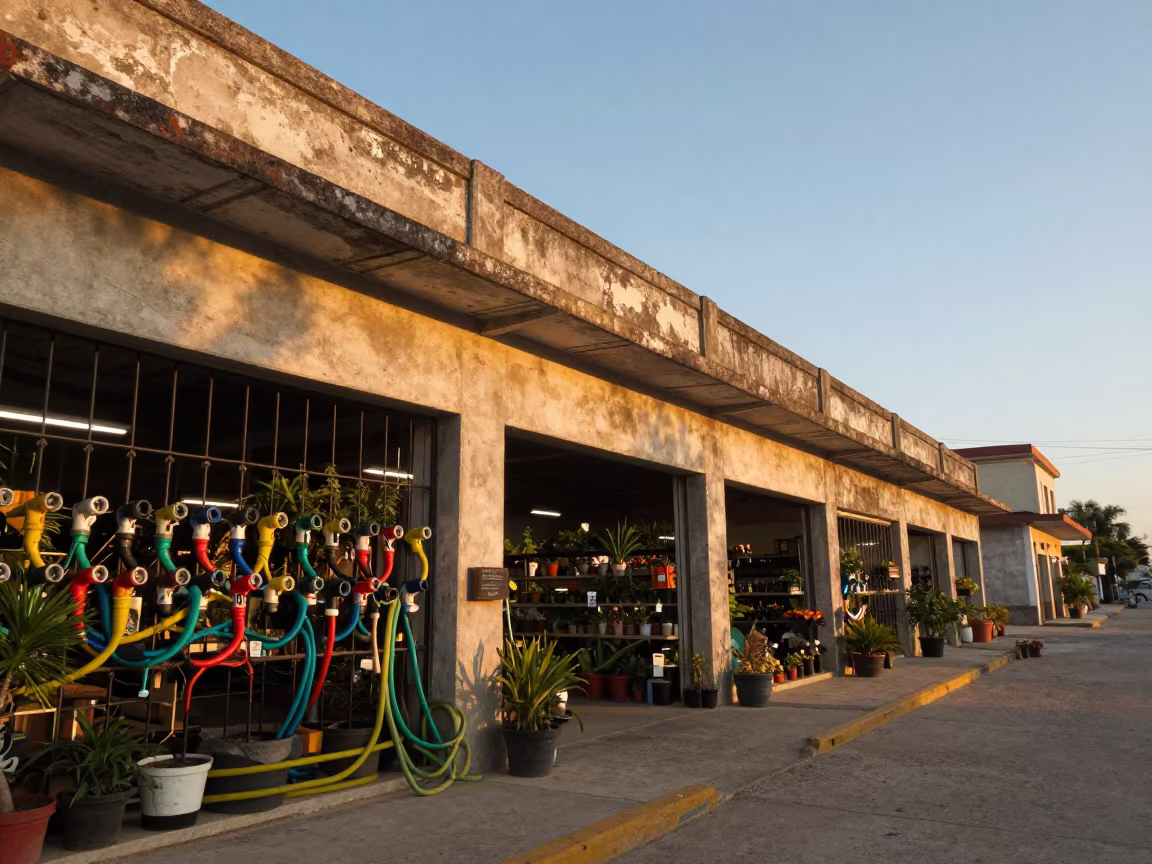 Havana Garden Center Hose Wall Sunset in outside a lit retail frontage after dark in Havana