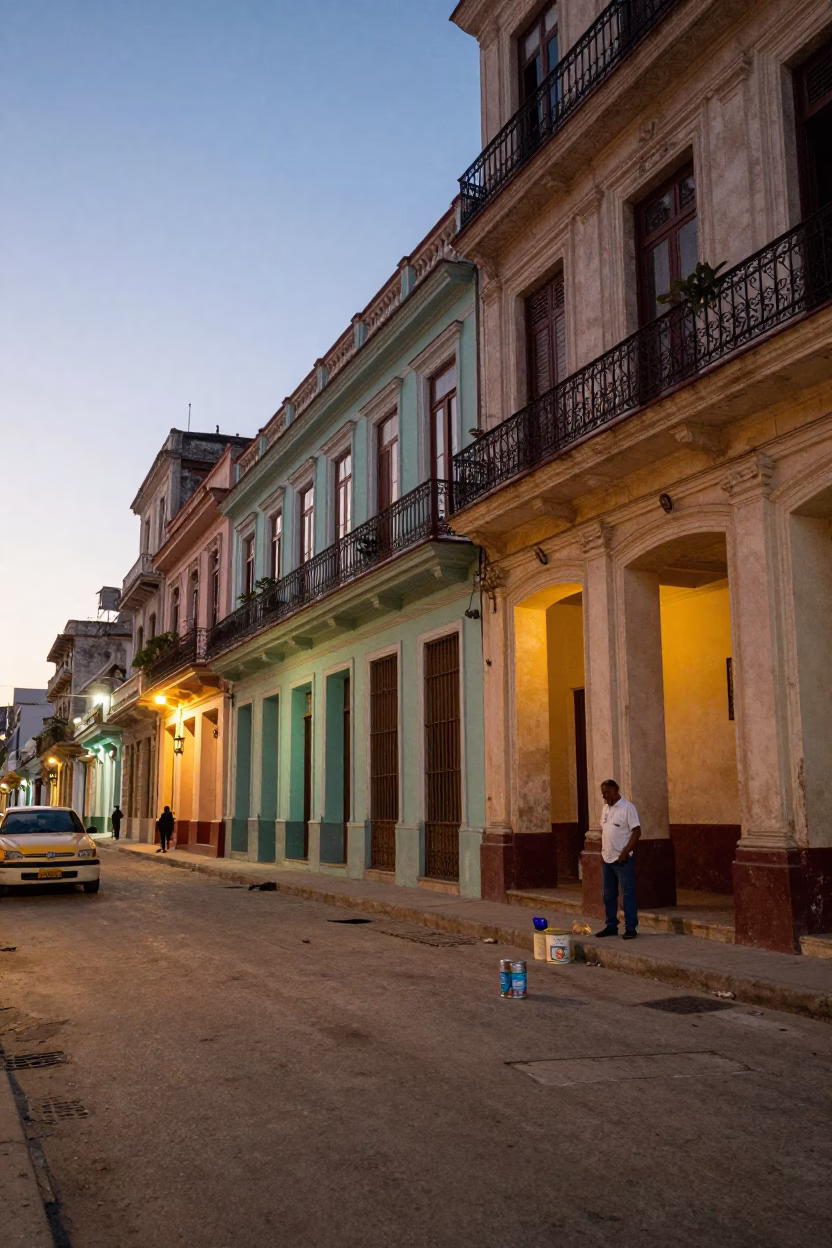Havana Street Corner at Dusk with Tiffin Tin and Local Interaction in in Havana, Cuba