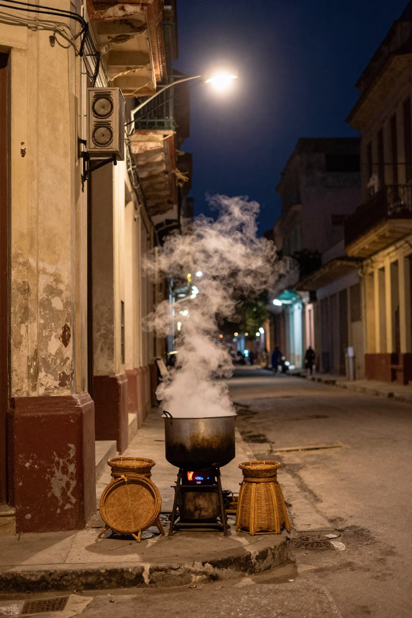 Havana street corner at night with steam and rattan chair in in Havana, Cuba