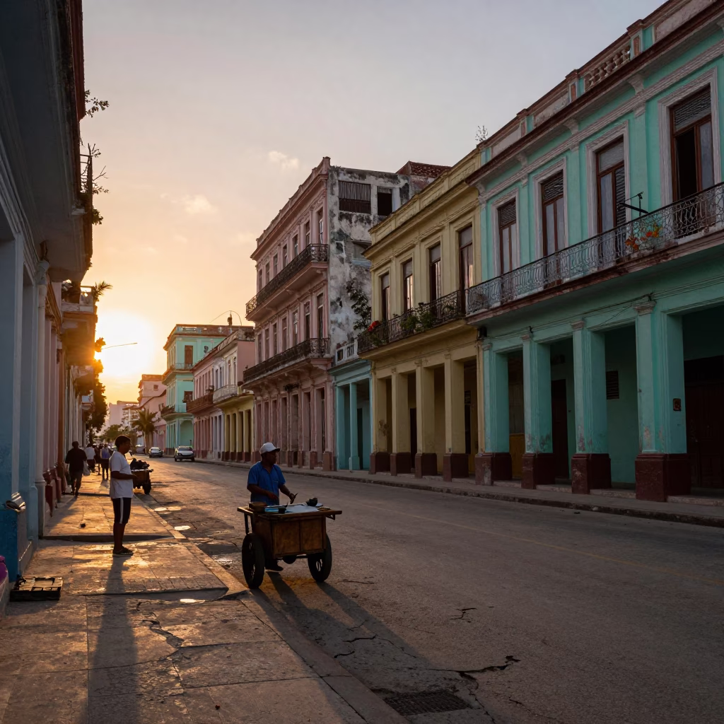 Havana Street Scene at Sunset with Colorful Facades and Local Life in in Havana, Cuba
