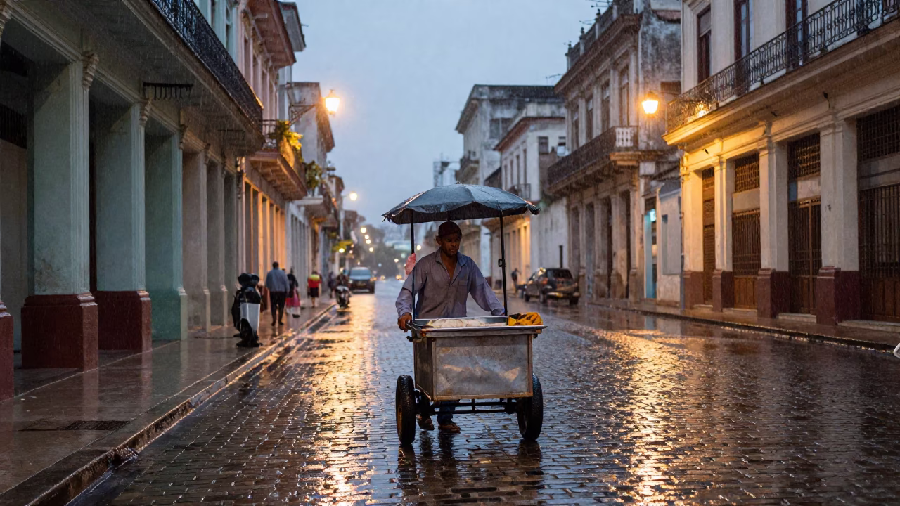 Havana street vendor with rolling carts in light rain at dusk in in Havana, Cuba