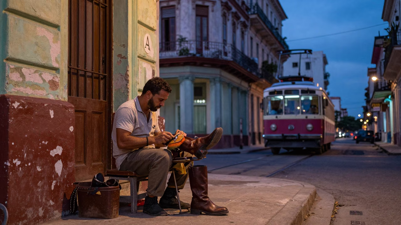 Havana Twilight Street Scene with Shoe Shine and Monorail in in Havana, Cuba