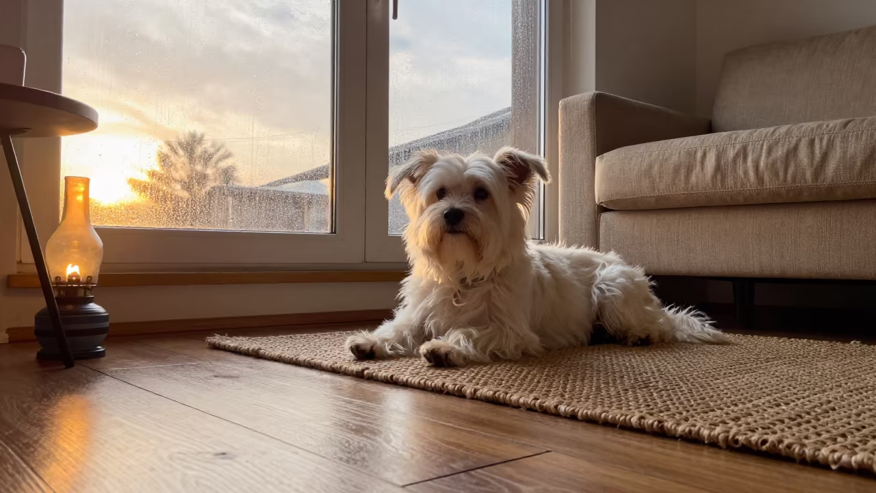 Havanese Dog Resting on Rug Near Window in on a woven rug beside a low couch and an uncluttered wall near Musoma