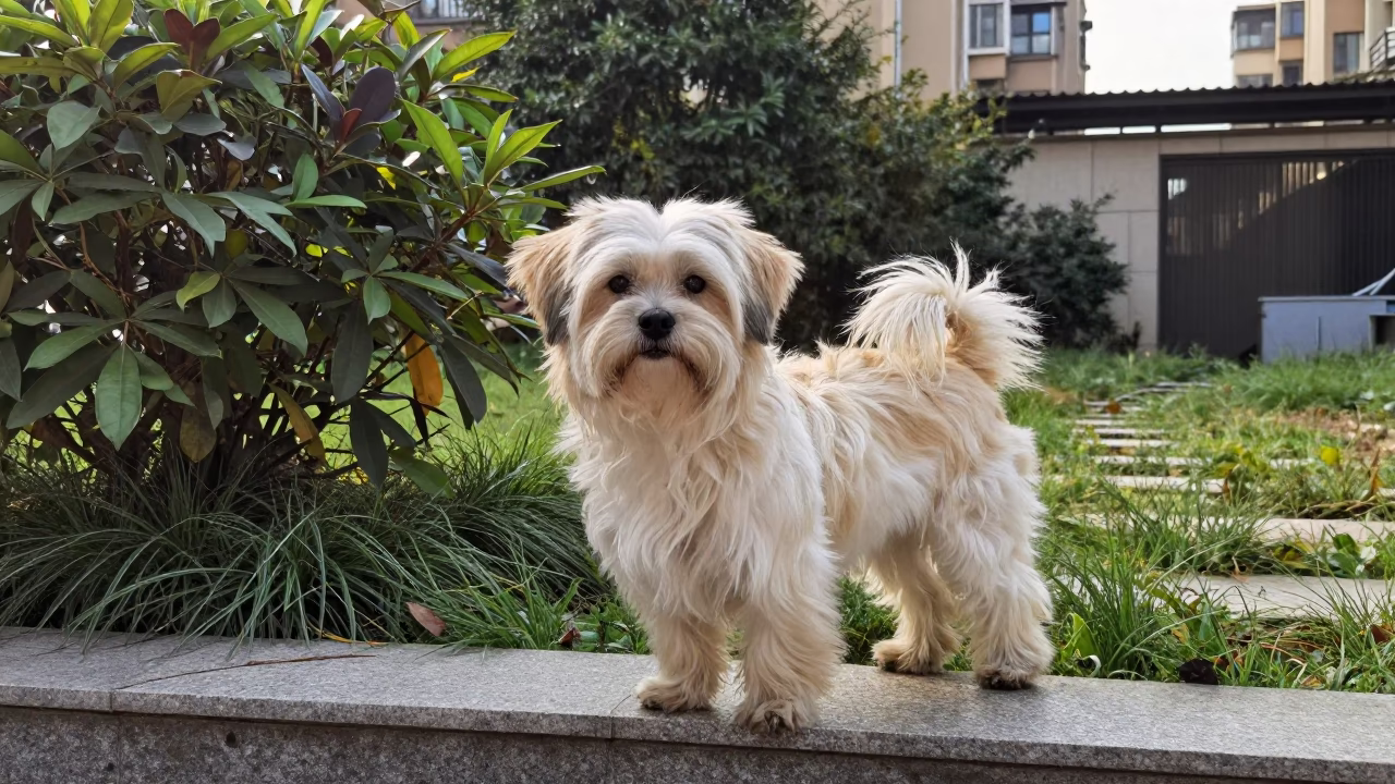 Havanese Dog Standing Garden Changsha Morning in near a garden edge with soft morning light and an uncluttered background in Changsha