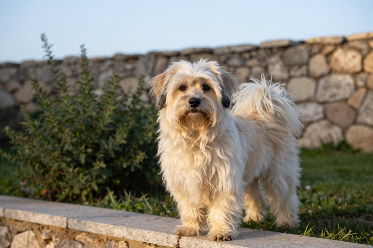 Havanese Portrait Garden Edge Morning Light in near a garden edge with soft morning light and an uncluttered background in Heraklion